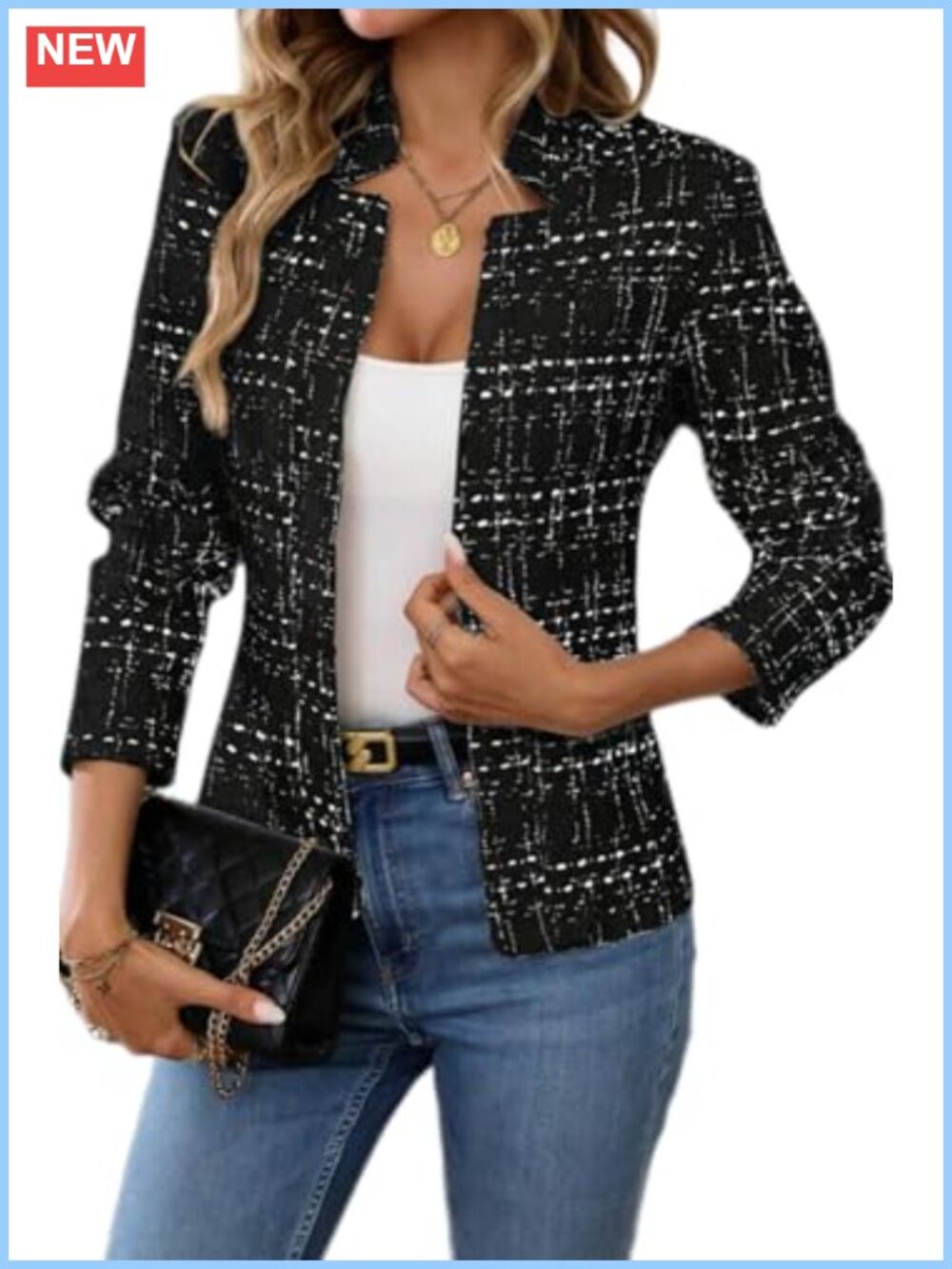 Womens Tweed Open Front Blazer Slim Fit Notch Collar Business Casual